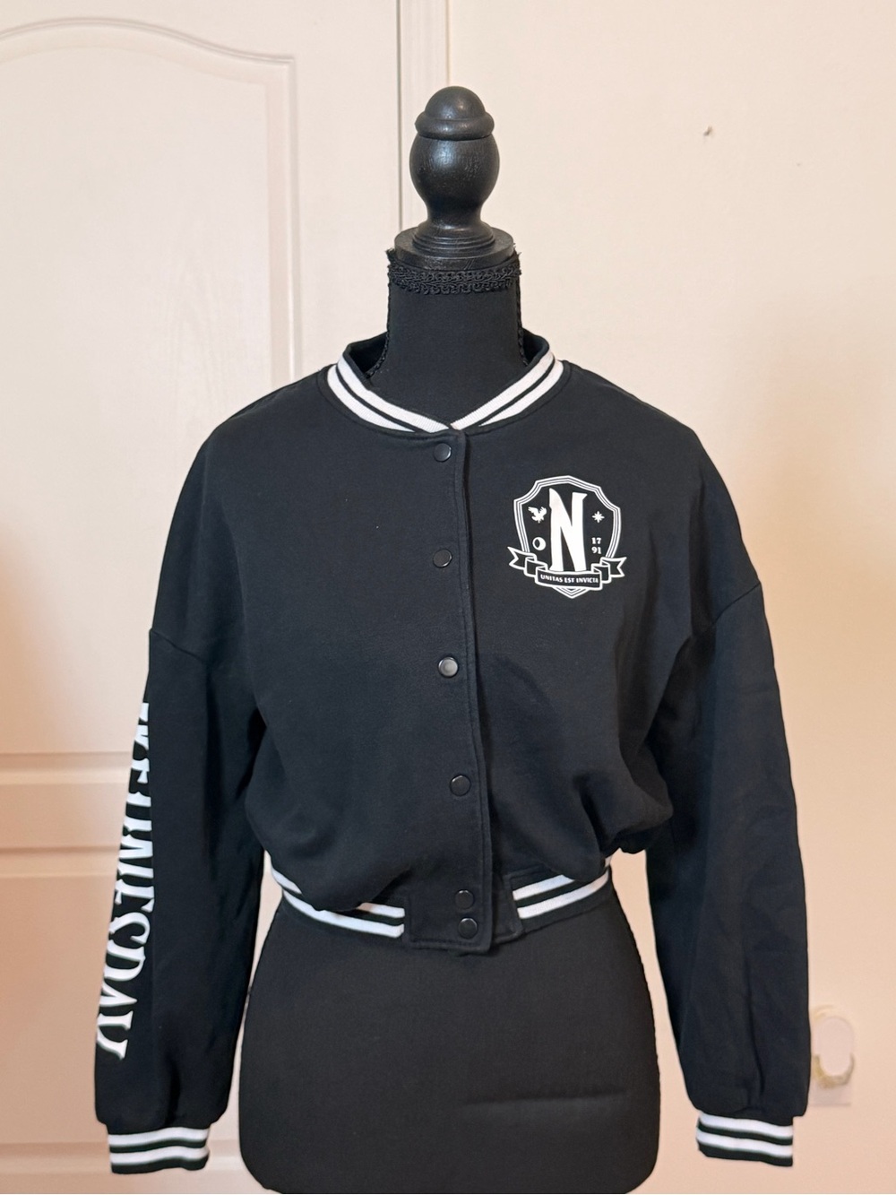 H&M Wednesday Addams Varsity Jacket Black Graphic Back